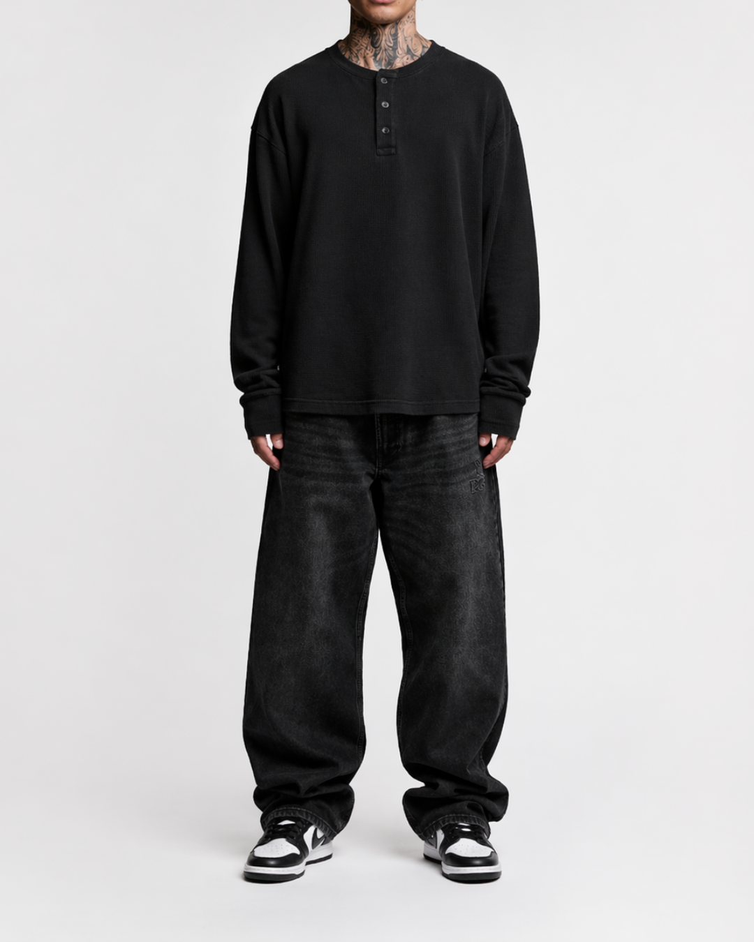 Premium Black Henley waffle knit