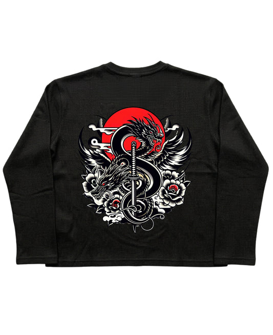 Black Henley waffle knit Back Design