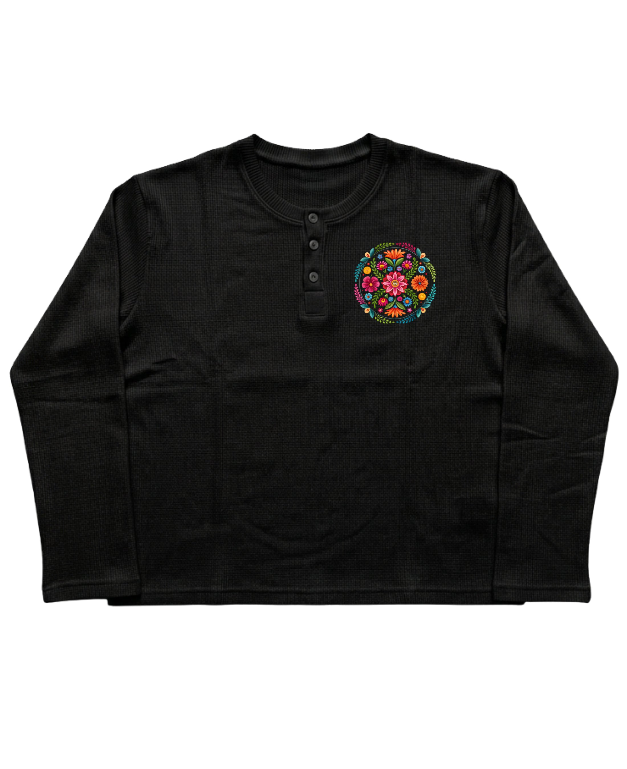 Black Henley waffle knit Front Design
