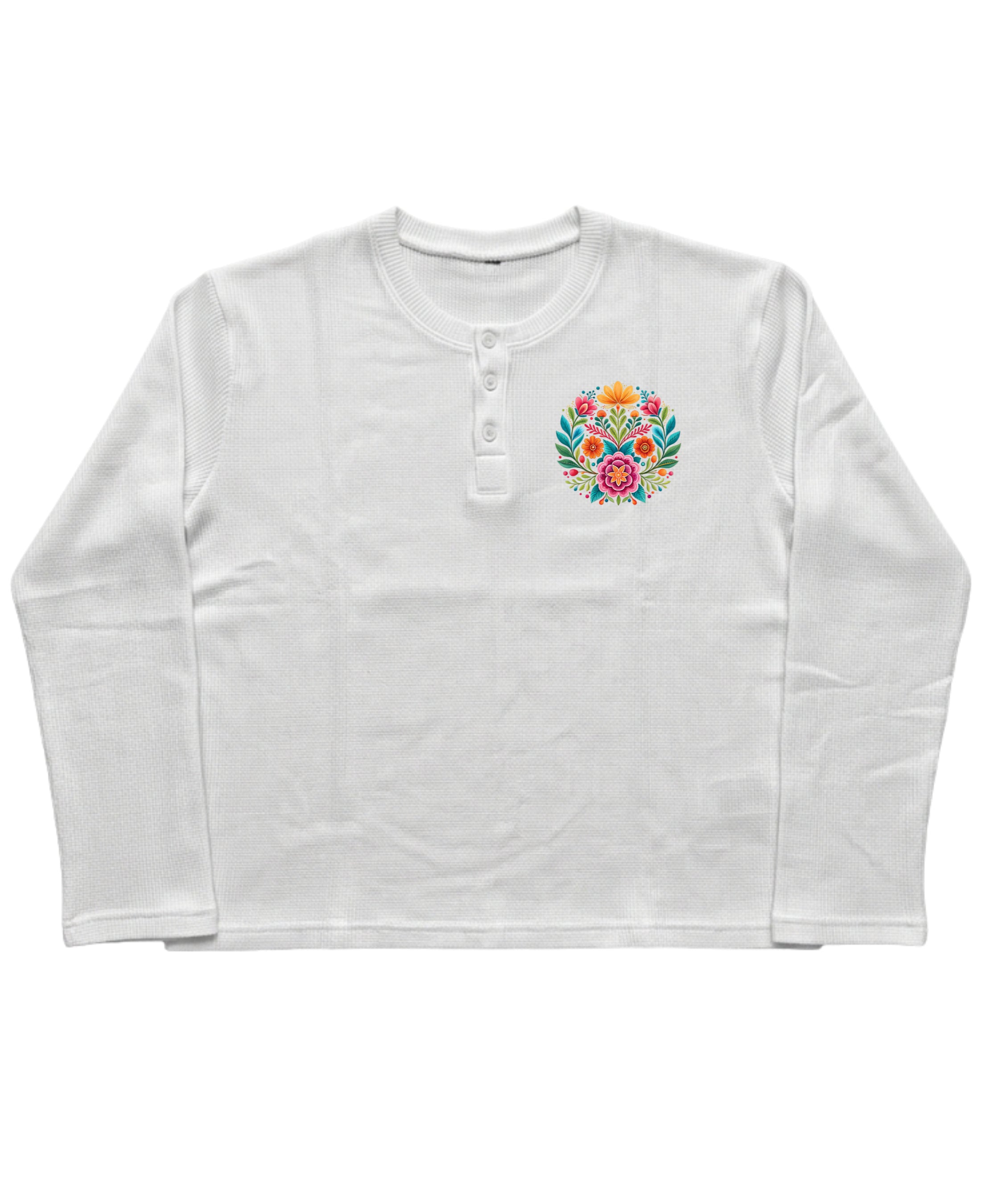 White Henley waffle knit Front Design