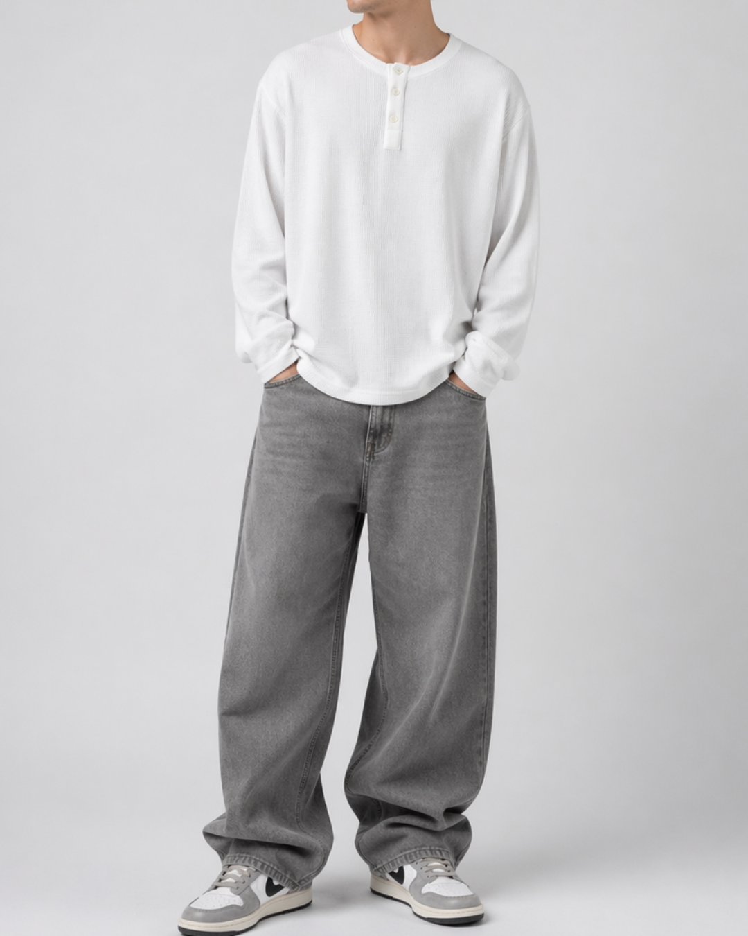 Vintage White Henley waffle knit